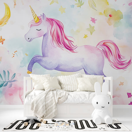 Magical Unicorn Wallpaper transforming a cozy children's bedroom with soft purple and pink tones