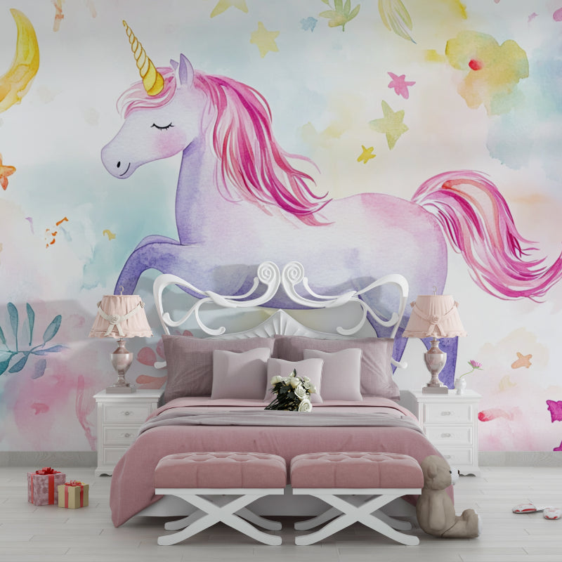 Unicorn Wall Mural creating an enchanted atmosphere in a nursery with starry details