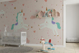 Magical unicorn mural wallpaper installed in a nursery with soft lighting and plush toys
