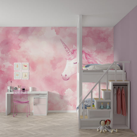 Unicorn wallpaper mural in a bright nursery with pink accents and white furniture