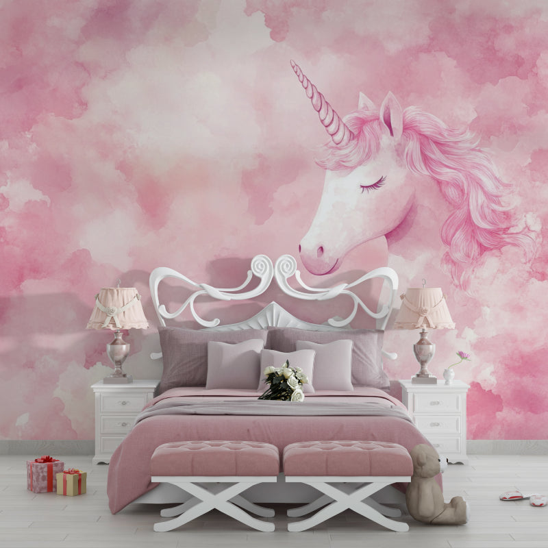 Pink cloud unicorn wallpaper creating magic in a girl's bedroom