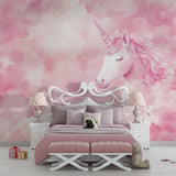 Pink cloud unicorn wallpaper creating magic in a girl's bedroom
