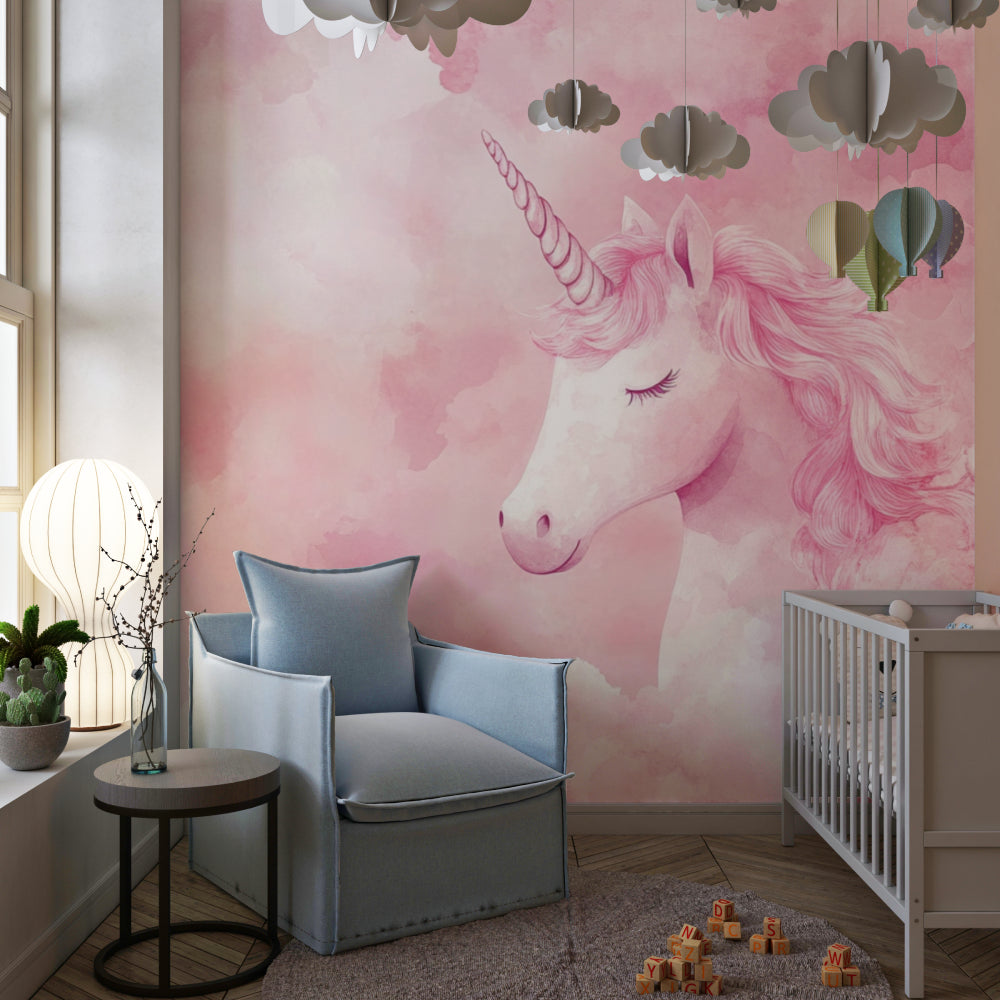 Dreamy unicorn wall mural brightening a playroom space