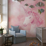 Dreamy unicorn wall mural brightening a playroom space
