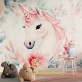 Pink Unicorn Wallpaper creating magic in a bright girl's bedroom with white furniture