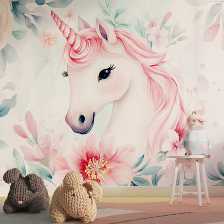 Pink Unicorn Wallpaper creating magic in a bright girl's bedroom with white furniture
