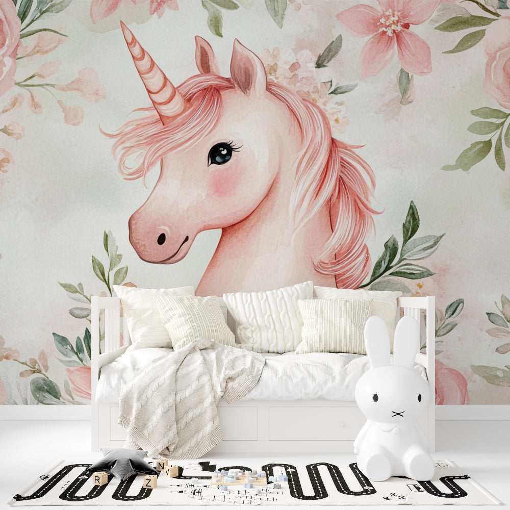 Girls bedroom featuring magical unicorn wall mural with matching pink bedding