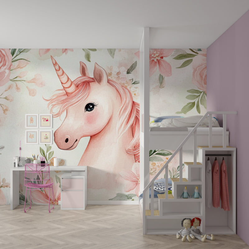 Playroom with pink floral unicorn wallpaper creating an enchanted reading corner