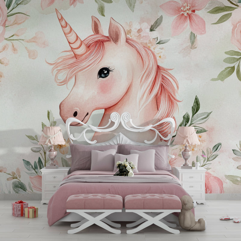 Unicorn mural wallpaper in a modern kids room with minimalist furniture