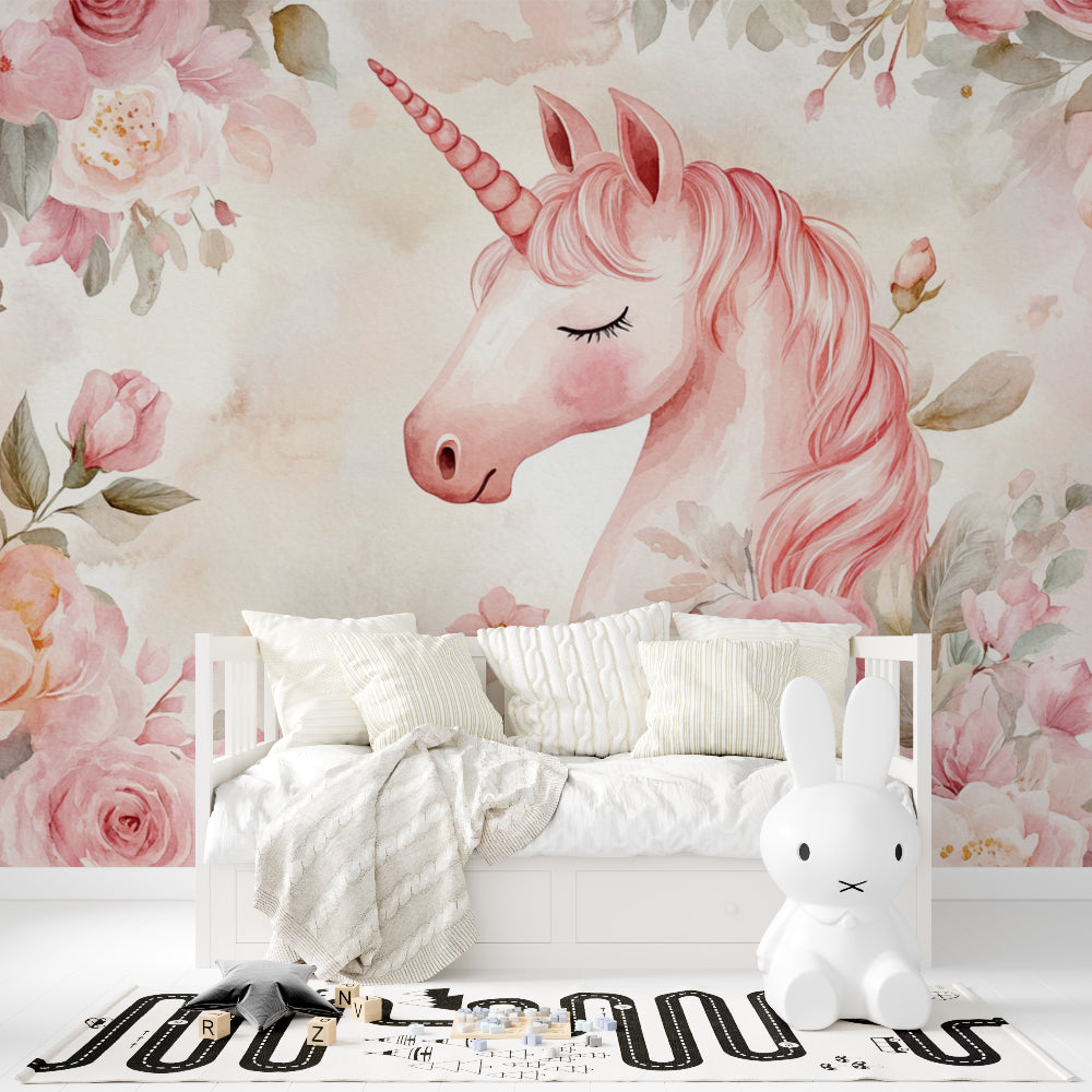Pink unicorn wallpaper creating magic in a modern girl's bedroom with white furniture