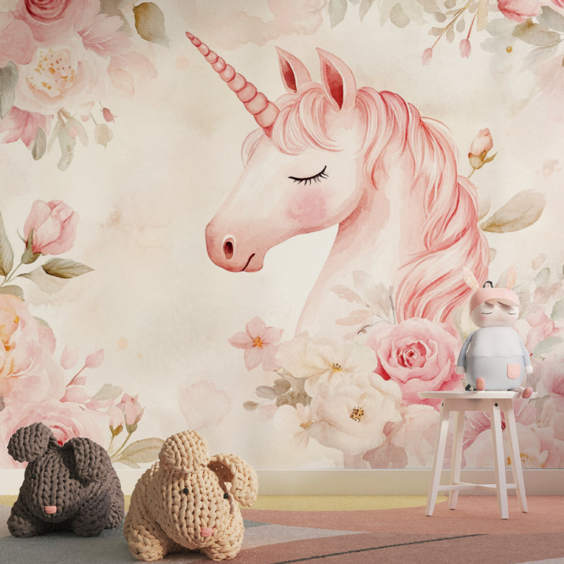 Unicorn wall mural brightening up a cozy nursery with natural light