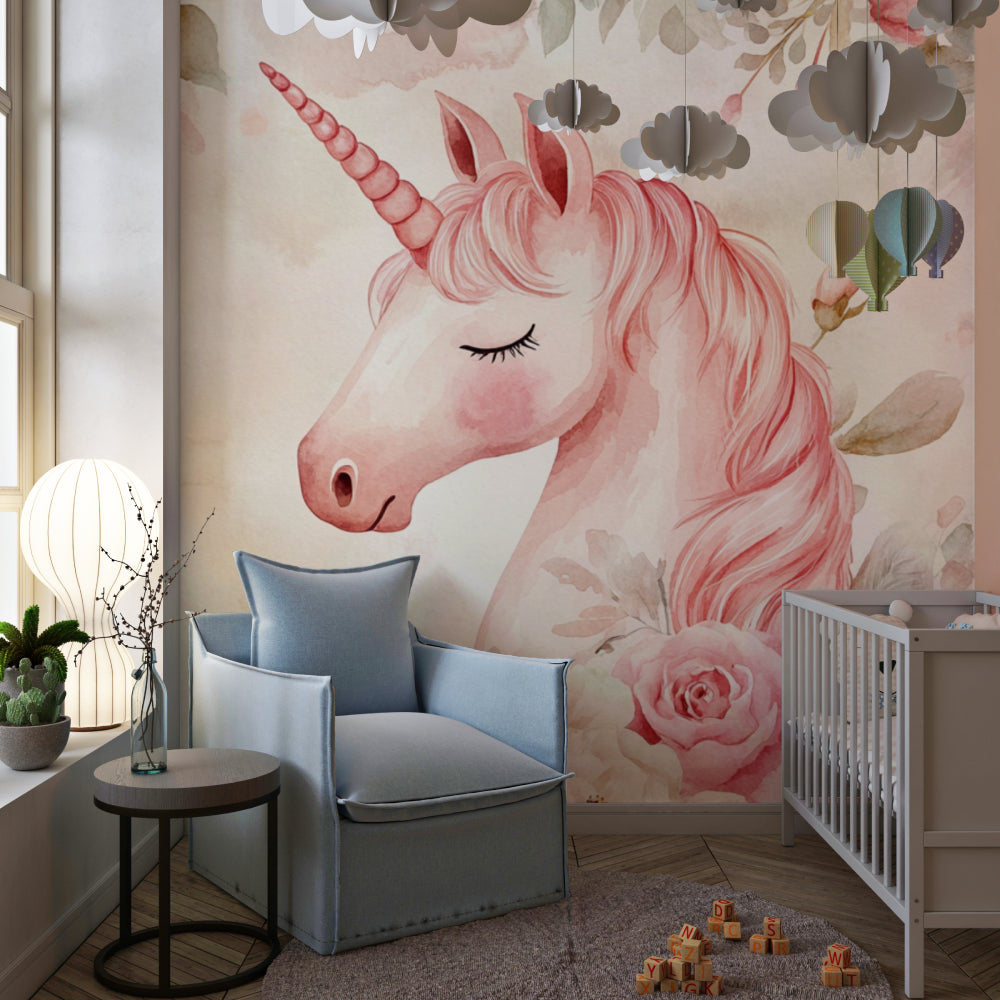 Floral unicorn wallpaper in a playroom with pink accents