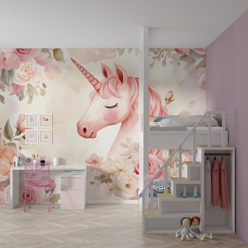 Unicorn wallpaper creating a magical atmosphere in a child's study area