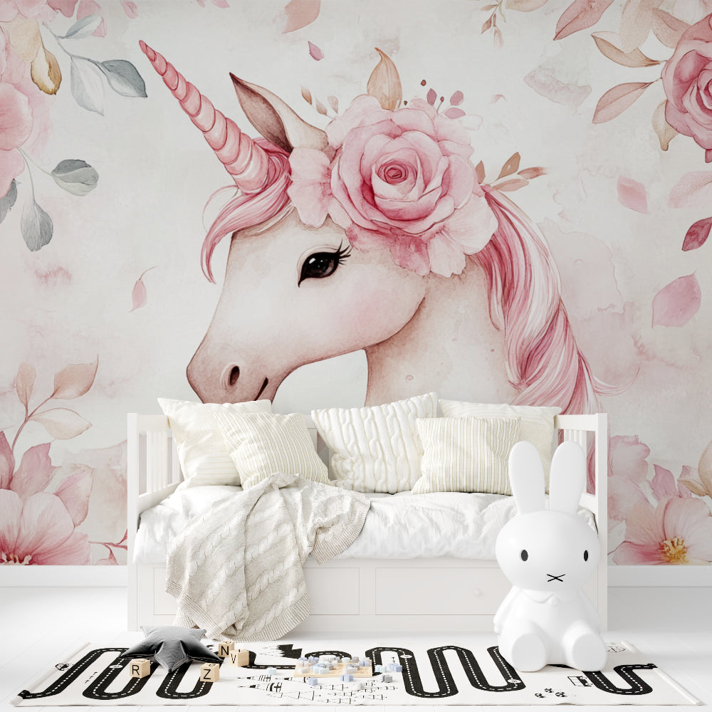 Unicorn wallpaper mural in a bright girl's bedroom with pink accents and white furniture