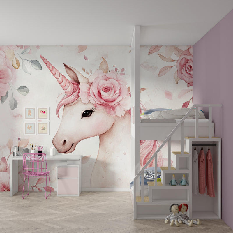 Floral unicorn mural in a modern playroom with reading nook