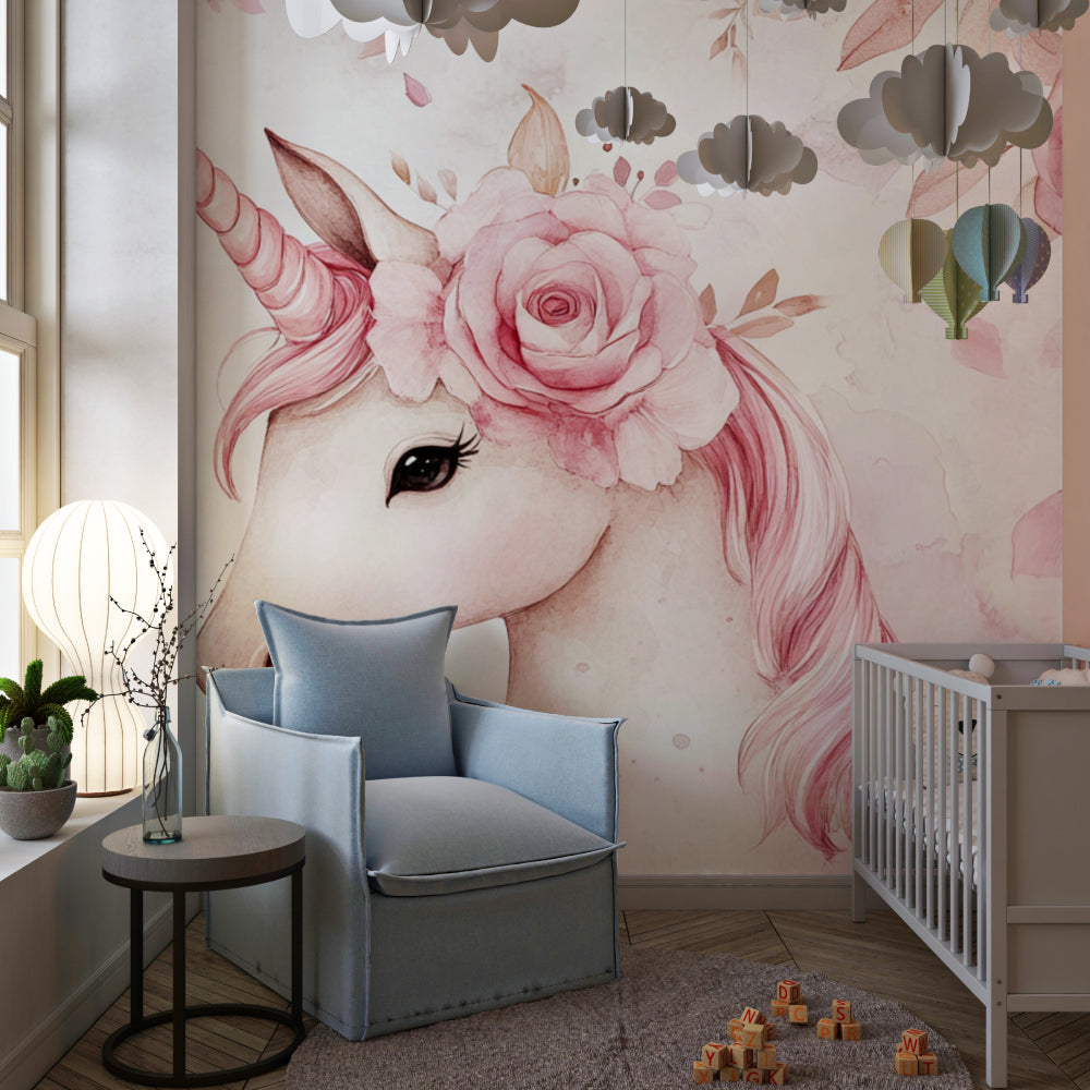 Magical unicorn wallpaper brightening a baby girl's changing area
