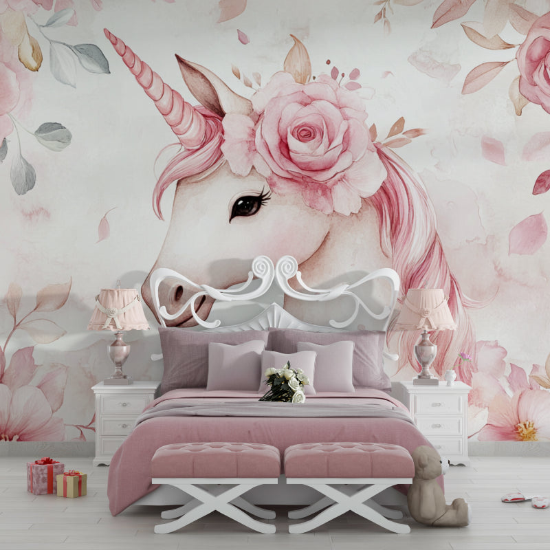 Pink rose unicorn mural adding charm to a child's study corner