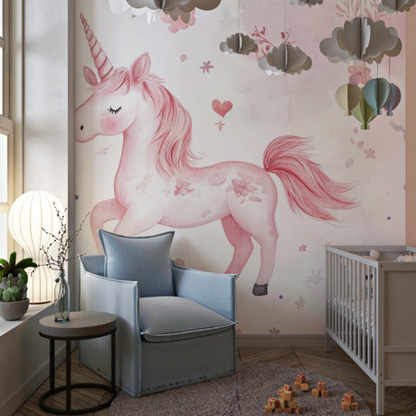 Pink Unicorn Wallpaper Mural displayed in a bright girl's bedroom, creating a magical atmosphere with soft lighting