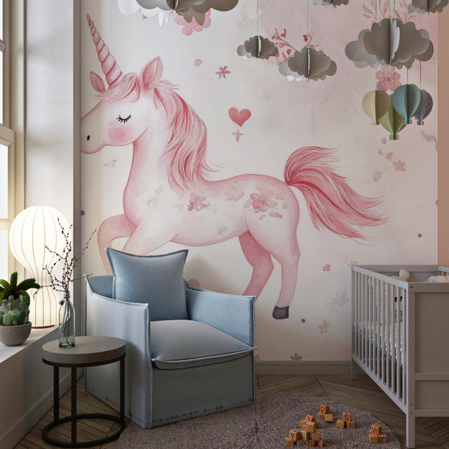 Pink Unicorn Wallpaper Mural displayed in a bright girl's bedroom, creating a magical atmosphere with soft lighting