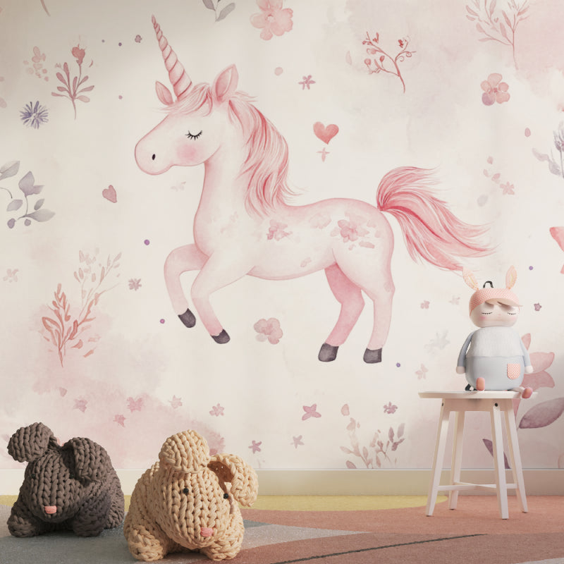 Unicorn Fantasy Wallpaper featured in a modern nursery with white furniture and pink accents
