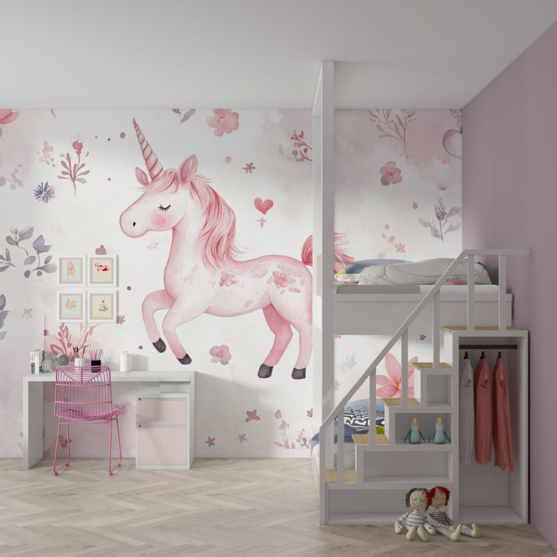 Pink Watercolor Unicorn Mural bringing magic to a child's playroom with reading nook