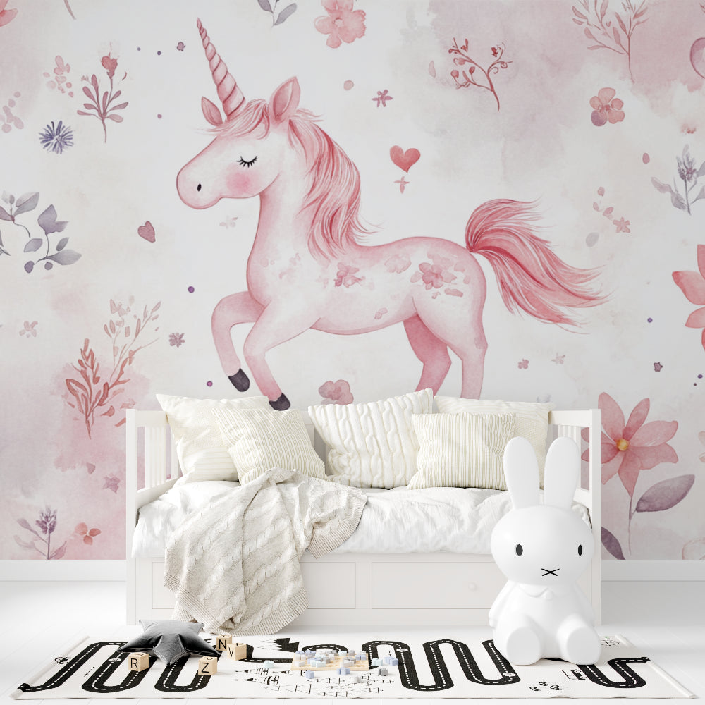 Magical Unicorn Mural showcased in a modern kids room with minimal furniture