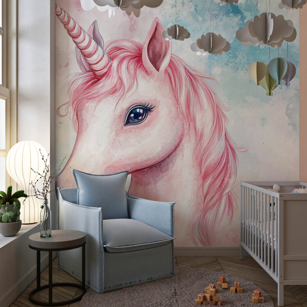Pink unicorn wallpaper creating magic in a bright girl's bedroom with white furniture