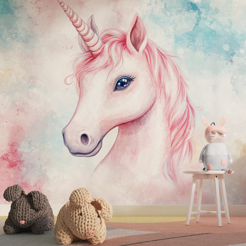Unicorn fantasy mural in a cozy nursery with soft lighting