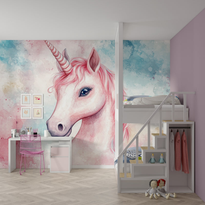 Magical unicorn wall design in a modern playroom setting