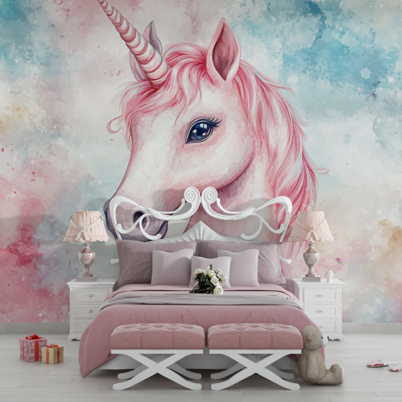 Pink unicorn wallpaper brightening a reading nook with natural light