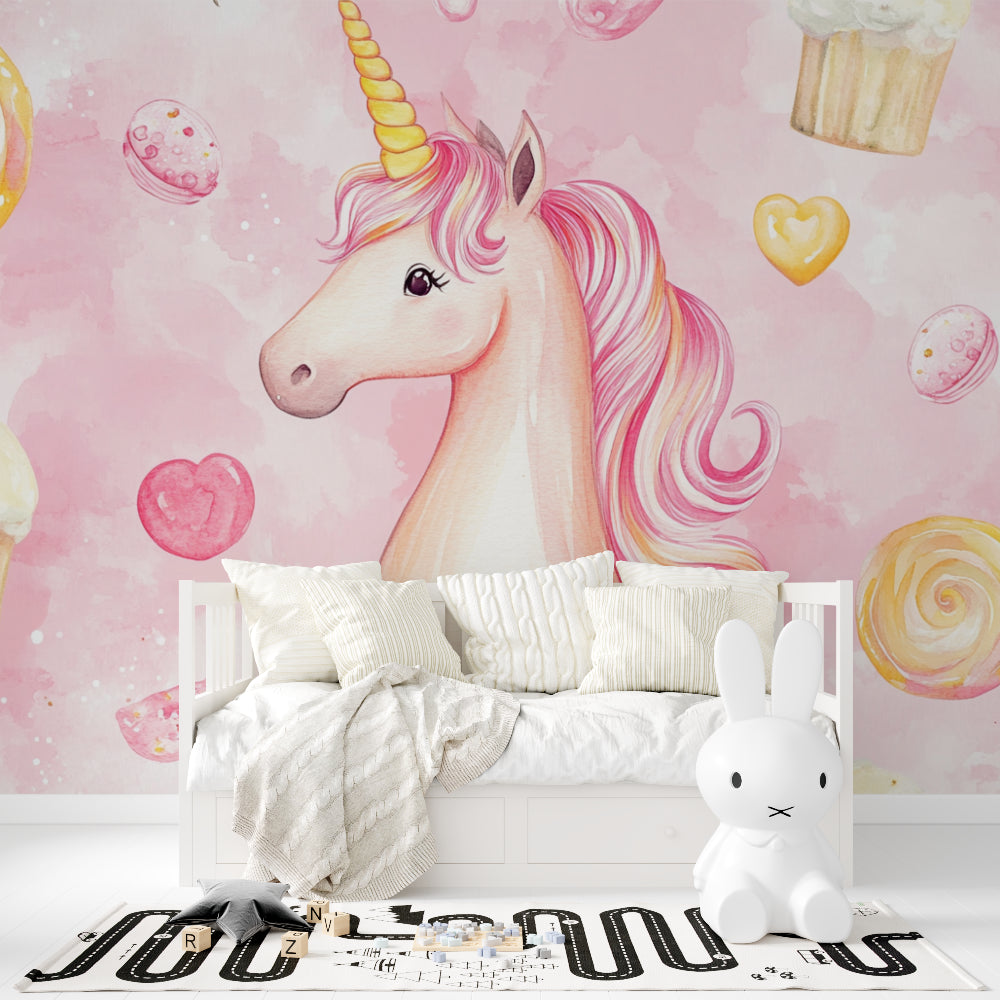 Unicorn Fantasy Mural brightening a nursery with soft pink and gold accents