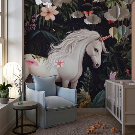 Magical Unicorn Garden Mural Wallpaper in a bright girl's bedroom with pink accents