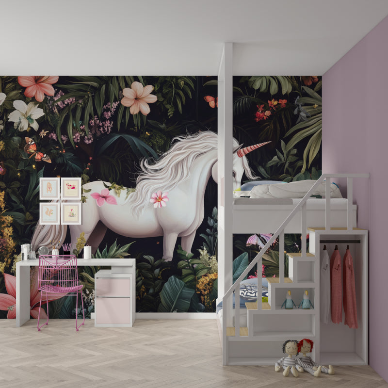 Tropical Unicorn Mural displayed in a reading nook corner