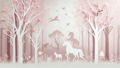 Unicorn Mural Wallpaper  Enchanted Pink Forest Scene - Detailed wallpaper pattern view