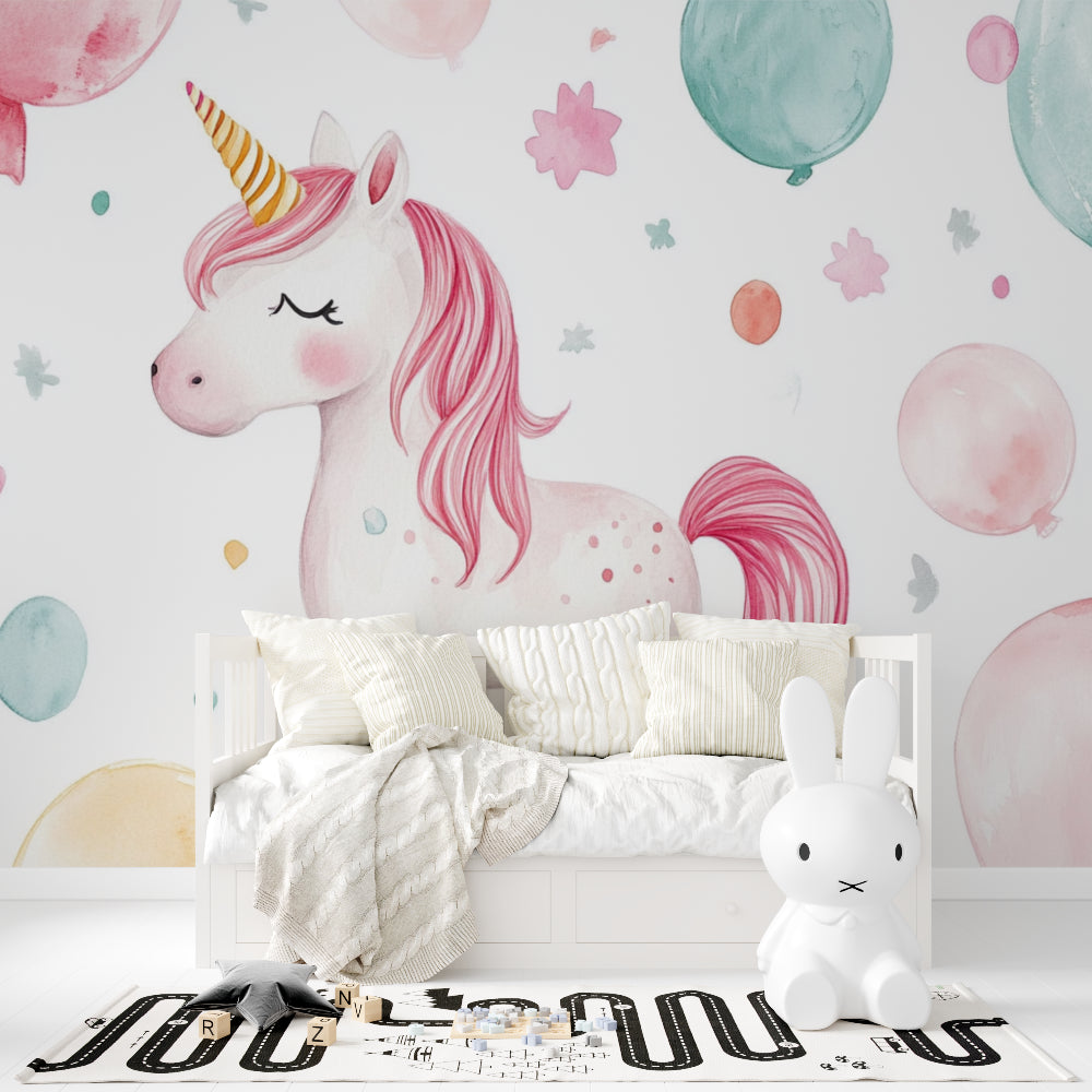 Kids unicorn wallpaper creating a sweet reading nook in a little girl's bedroom