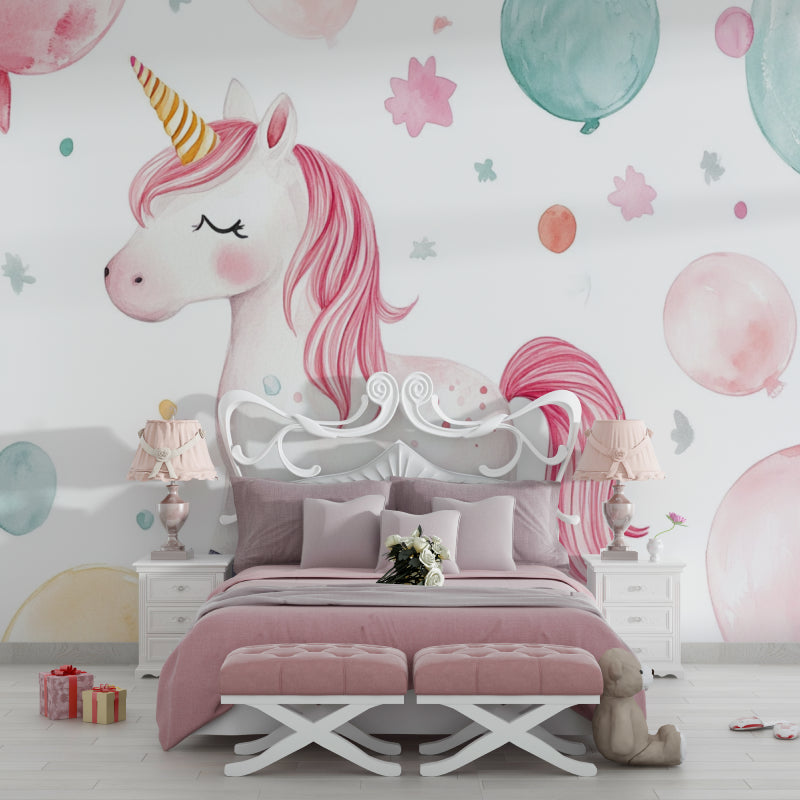 Magical unicorn mural transforming a playroom with soft pastel colors