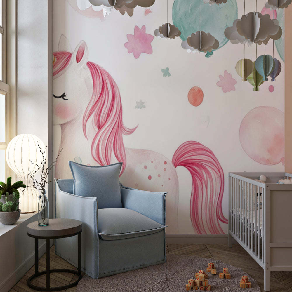 Whimsical unicorn wallpaper design in a modern children's study area