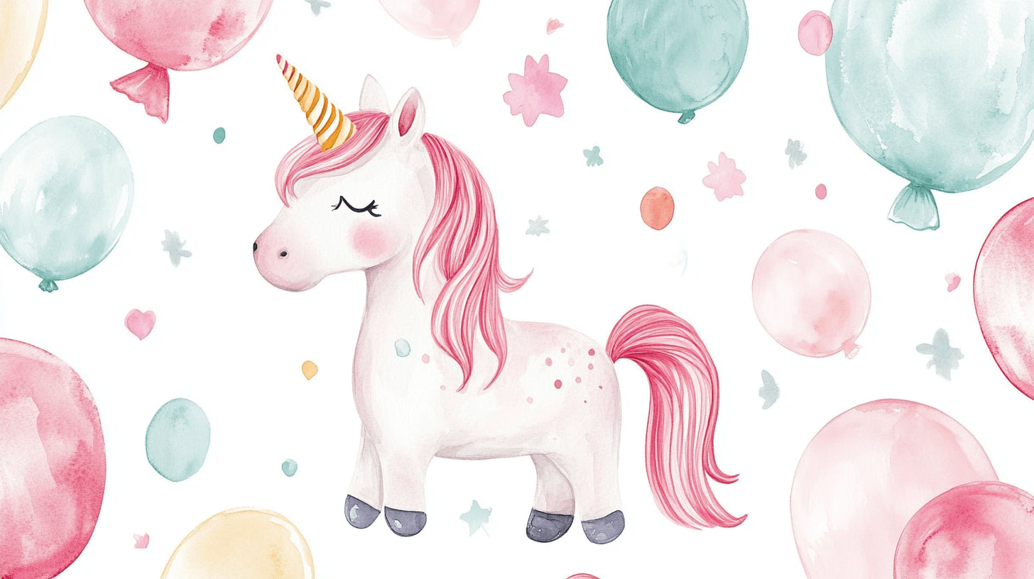 Unicorn wallpaper design file showing detailed watercolor pattern with floating balloons and stars