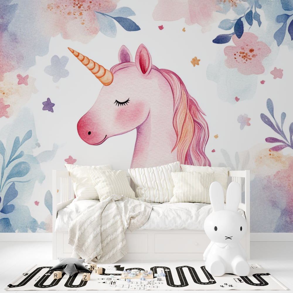 Pink unicorn wall mural styled in a girl's bedroom with pastel decor