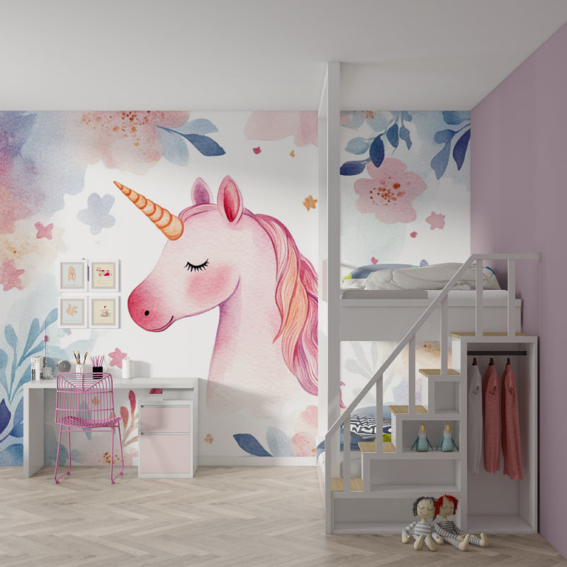 Magical unicorn wallpaper creating a dreamy atmosphere in a playroom