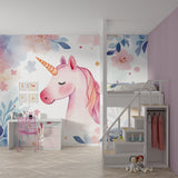 Magical unicorn wallpaper creating a dreamy atmosphere in a playroom