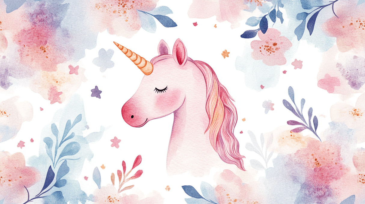 Unicorn wallpaper design file showing detailed watercolor pattern with floral elements