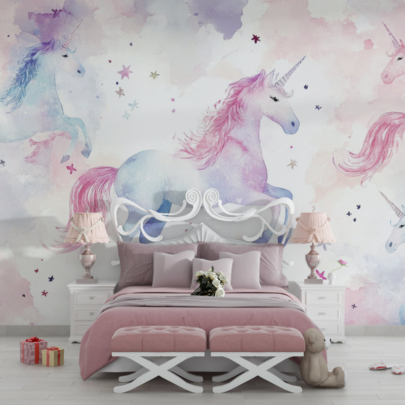 Unicorn wallpaper in a cozy nursery with soft lighting showing the watercolor effect
