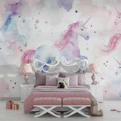 Unicorn wallpaper in a cozy nursery with soft lighting showing the watercolor effect
