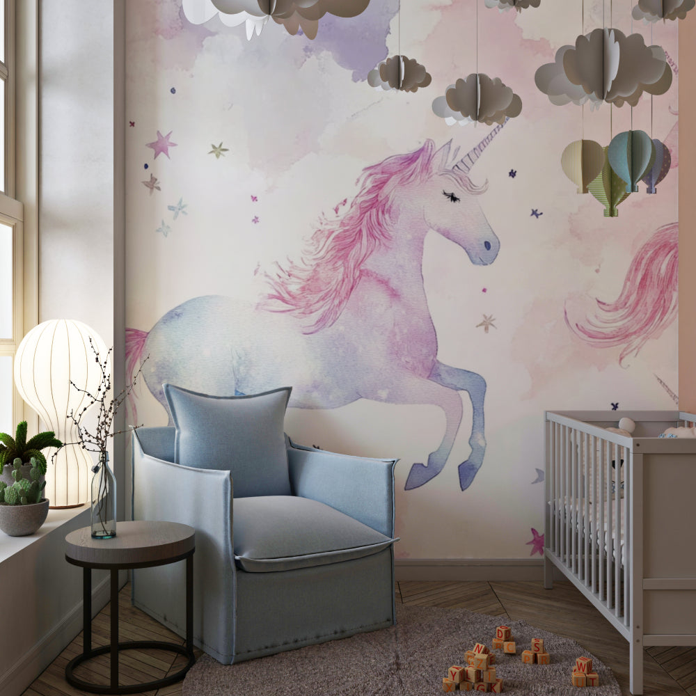 Fantasy unicorn mural bringing magic to modern bedroom