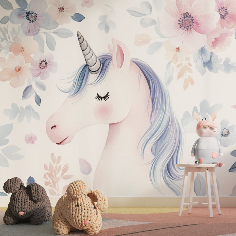 Unicorn wallpaper mural in a bright girl's bedroom, showing the full magical scene with soft pink and blue tones