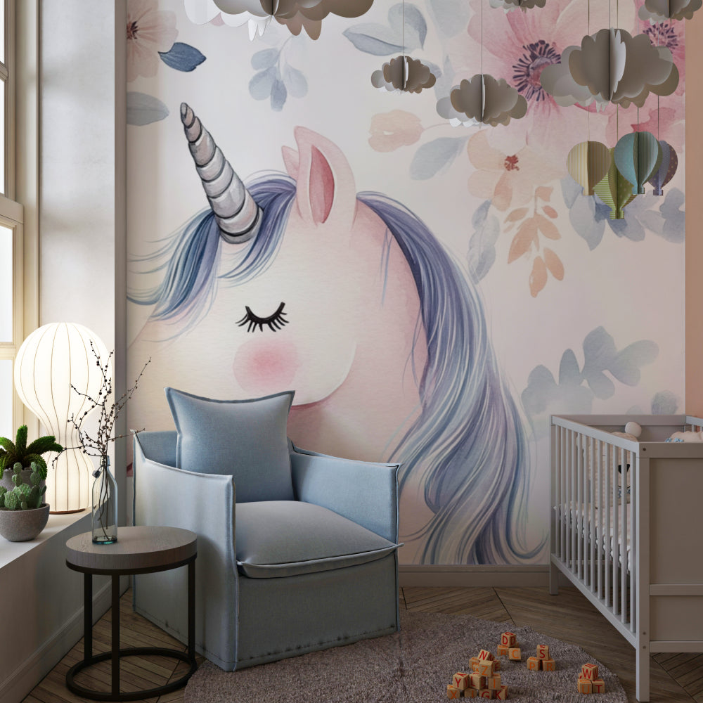 Fantasy unicorn wall mural displayed in a modern nursery with white furniture