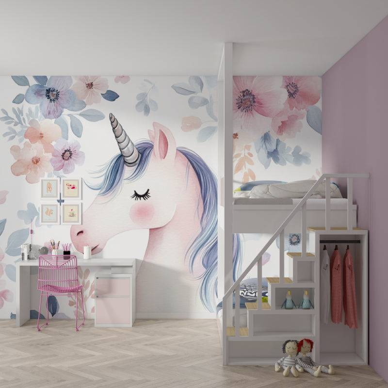 Watercolor unicorn wallpaper bringing magic to a playroom setting