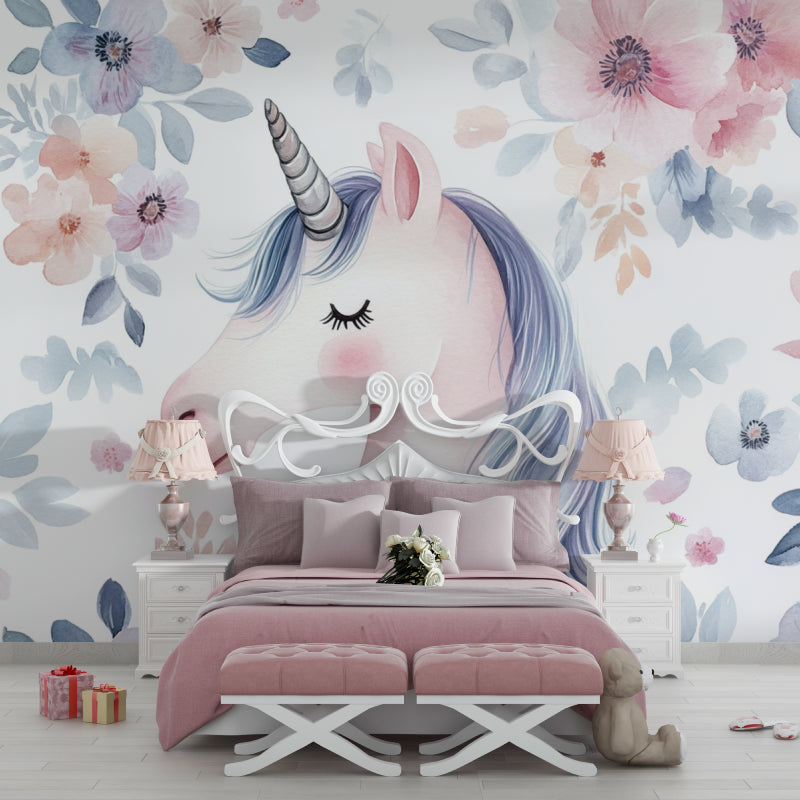 Unicorn mural wallpaper featured in a cozy reading nook with natural lighting