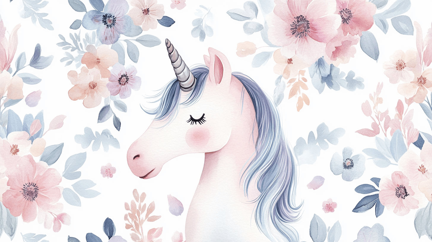 Unicorn wallpaper design file showing detailed watercolor floral pattern and magical unicorn artwork
